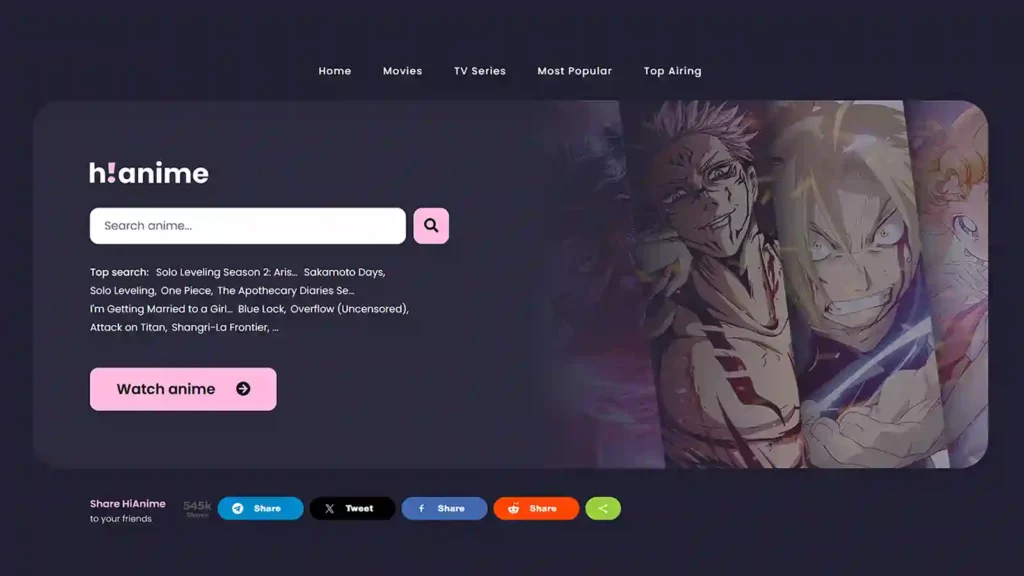 Website Layout of Hianime