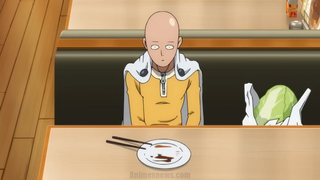 one punch man saitama eating in restaurant
