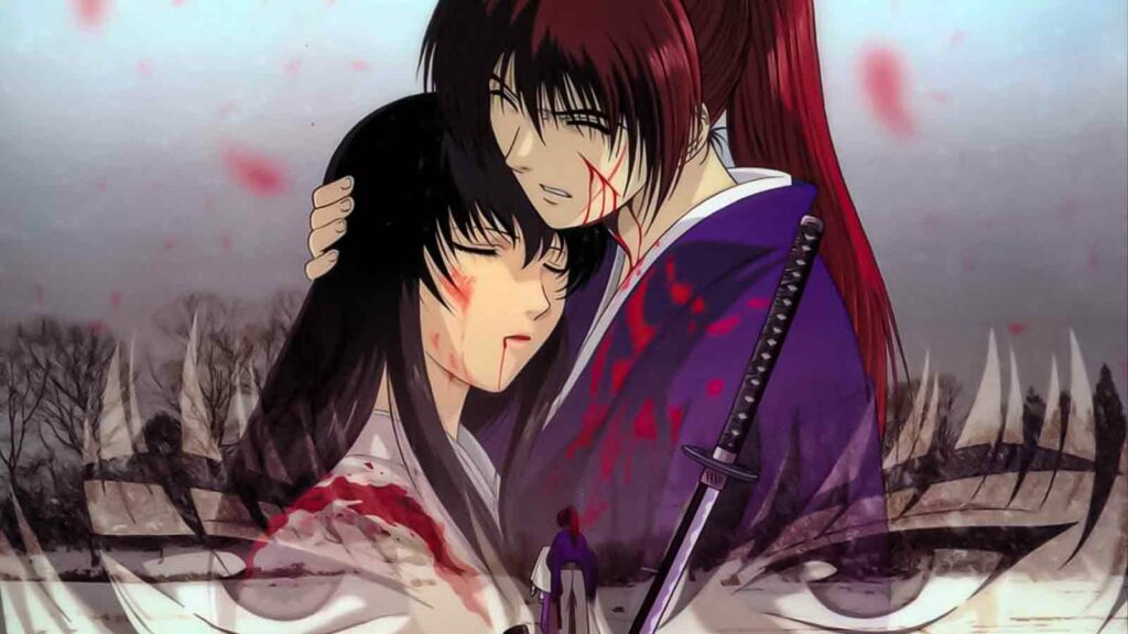 tomoe yukishiro and kenshin himura hugging on rurouni kenshin trust and betrayal